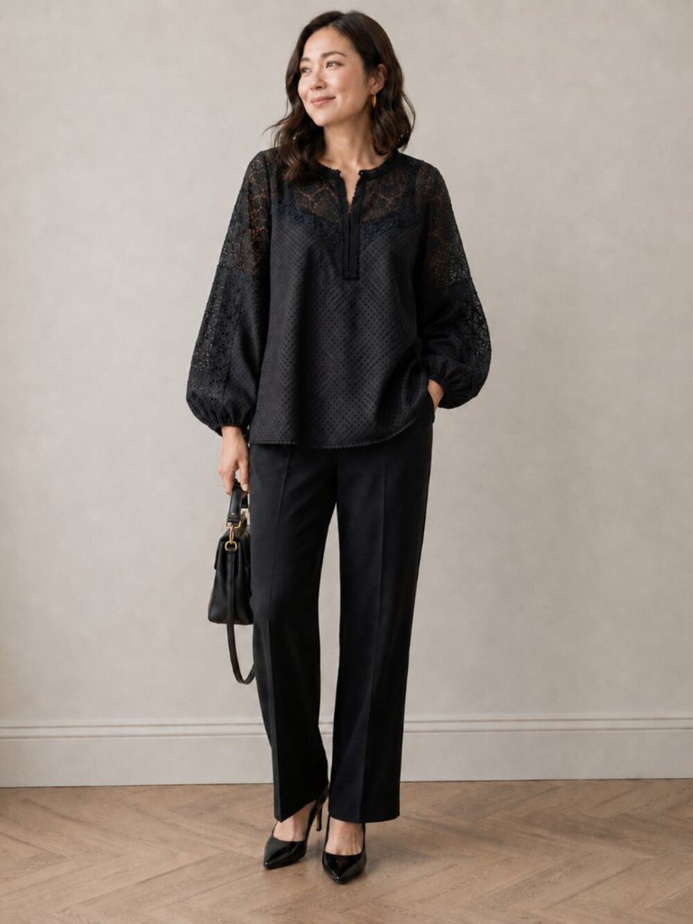 Andrew Gn Black Lace Eyelet Blouse Women’s Designer Top size 44 EU
